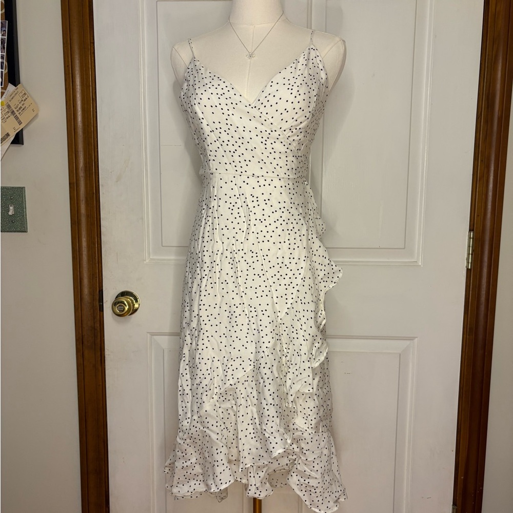 White and Black Polka Dot Wrap Midi Dress